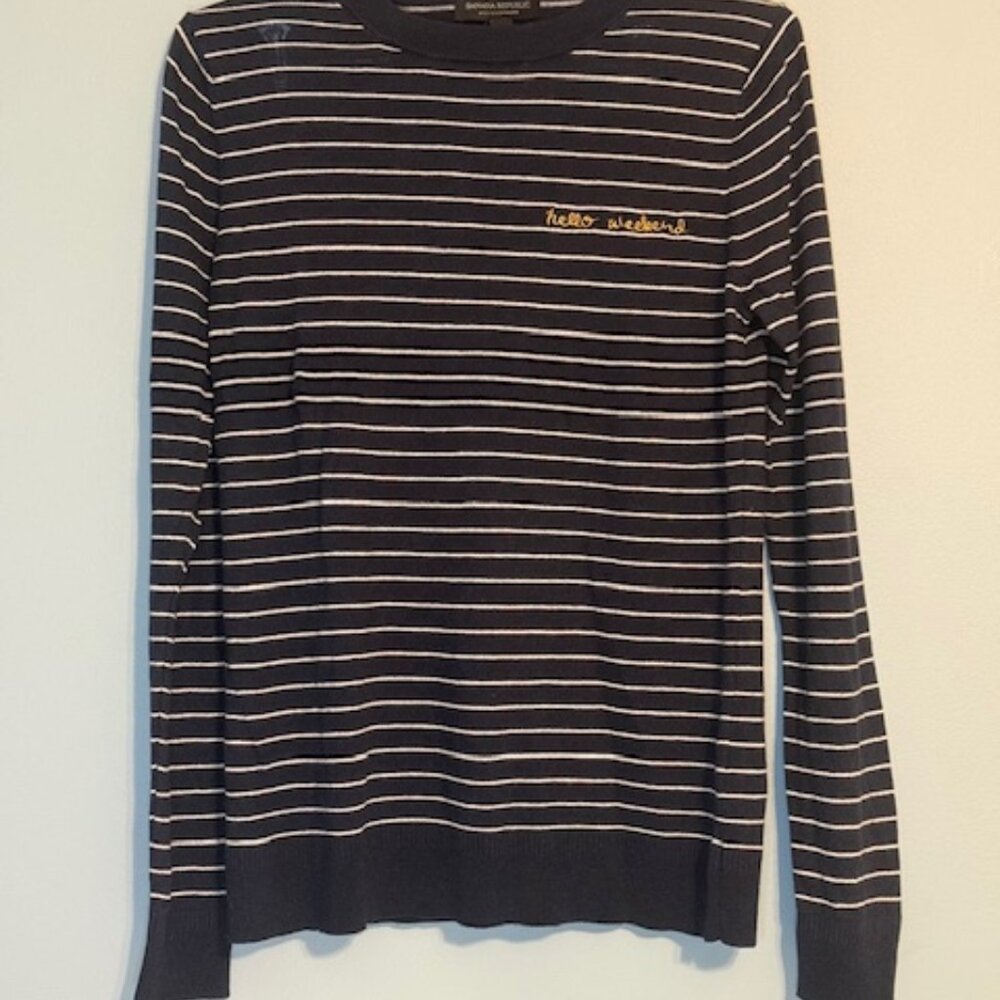 Banana Republic "Hello Weekend" Striped Navy Crewneck Sweater - Size Small - Picture 2 of 8
